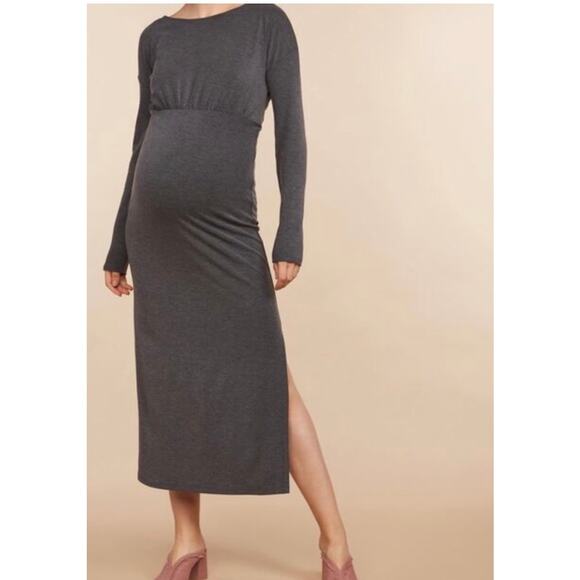 Mimi Maternity Dress Large Gray Midi Side Slit Minimalist Officecore Academia - Picture 1 of 11